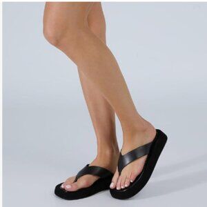 Milooey shoes Black Women's Open Toe Flip Flops Low Wedge Heel Wide Thong Sandal